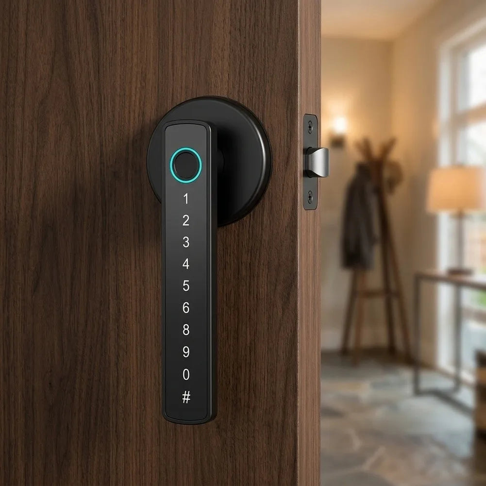 Digital Door Lock with Fingerprint Sensor USB-C Charging Port and Physical Key Override for Interior Applications